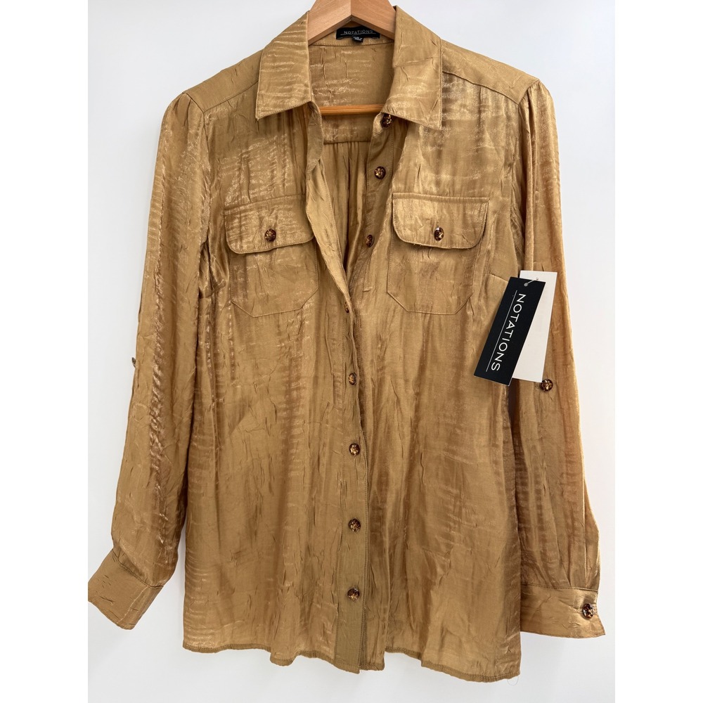 Y2K Notations Gold Metallic Crinkle Satin Utility Button Shirt NWT Sz S